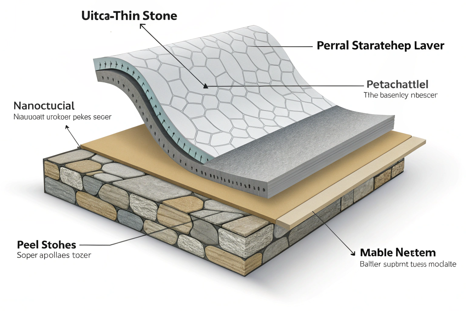 A close-up shot of the layering process of ultra-thin stone veneer, showing the stone layer and the fiberglass backing.
