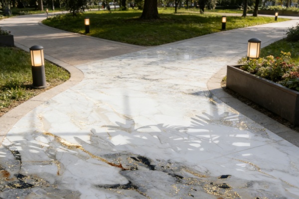 A beautiful patio paved with outdoor porcelain tiles that look like natural stone
