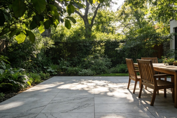 A person easily hosing down a dirty outdoor porcelain tile patio