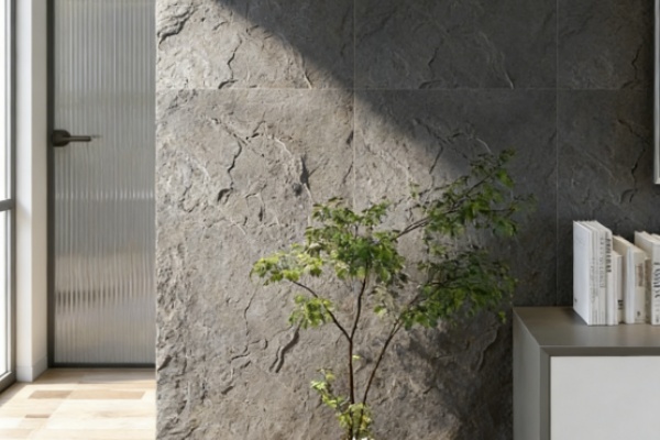 Versatile Finishes of Flexible Stone A collage showing flexible stone in wood, stone, and leather finishes