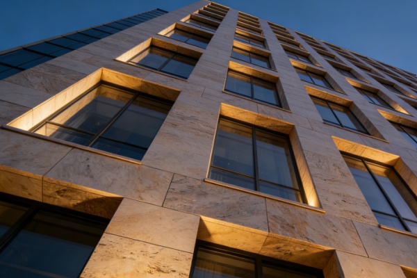 Construction workers installing heavy stone cladding panels