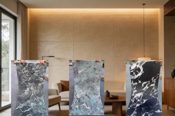 Close-up view of the thin edge of a flexible stone sheet