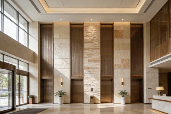 Flexible stone veneer wrapped around a curved column in a modern lobby