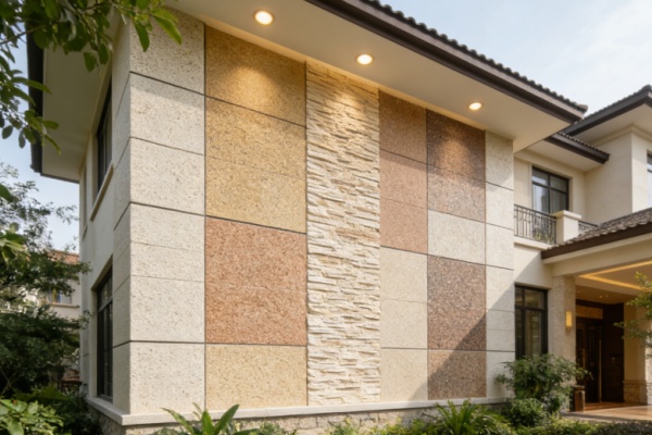 A sample board showing different textures and colors of flexible stone veneers