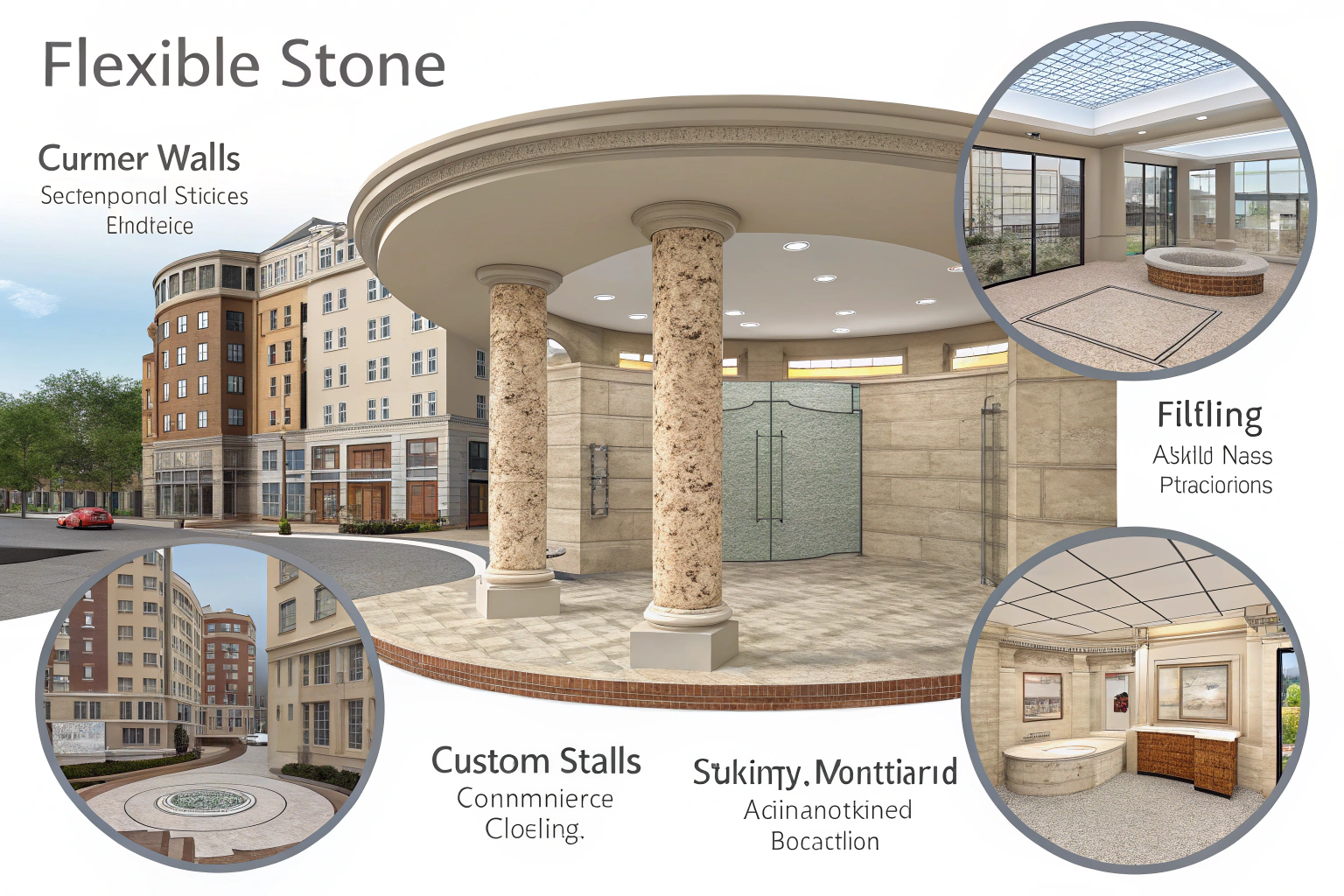 A curved reception desk in a modern office, clad in flexible sandstone veneer.