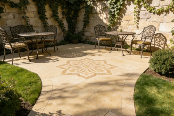 Stylish patio made with light-colored Quartz Tile pavers