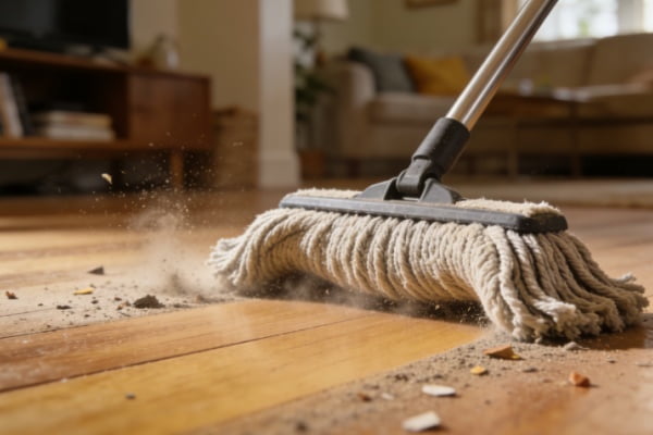 a person using a microfiber mop on a porcelain tile floor