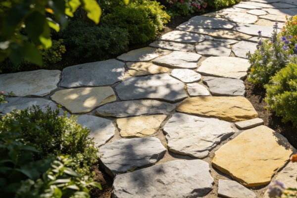 A person carefully selecting a stone paver from a pile