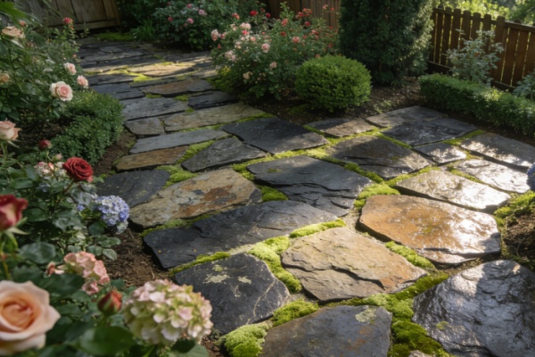 A beautiful garden path made with natural stone pavers