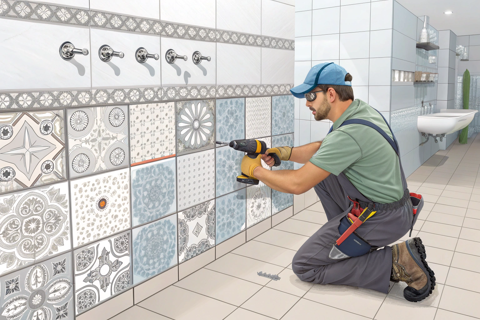 Porcelain Tile Installation A professional tiler cutting a hard porcelain tile with a wet saw