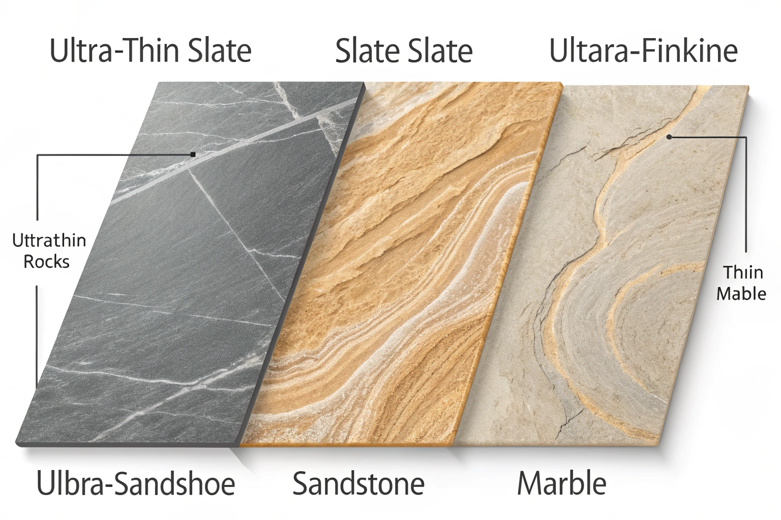 A sample board showing the three main types of flexible stone: slate, sandstone, and marble.