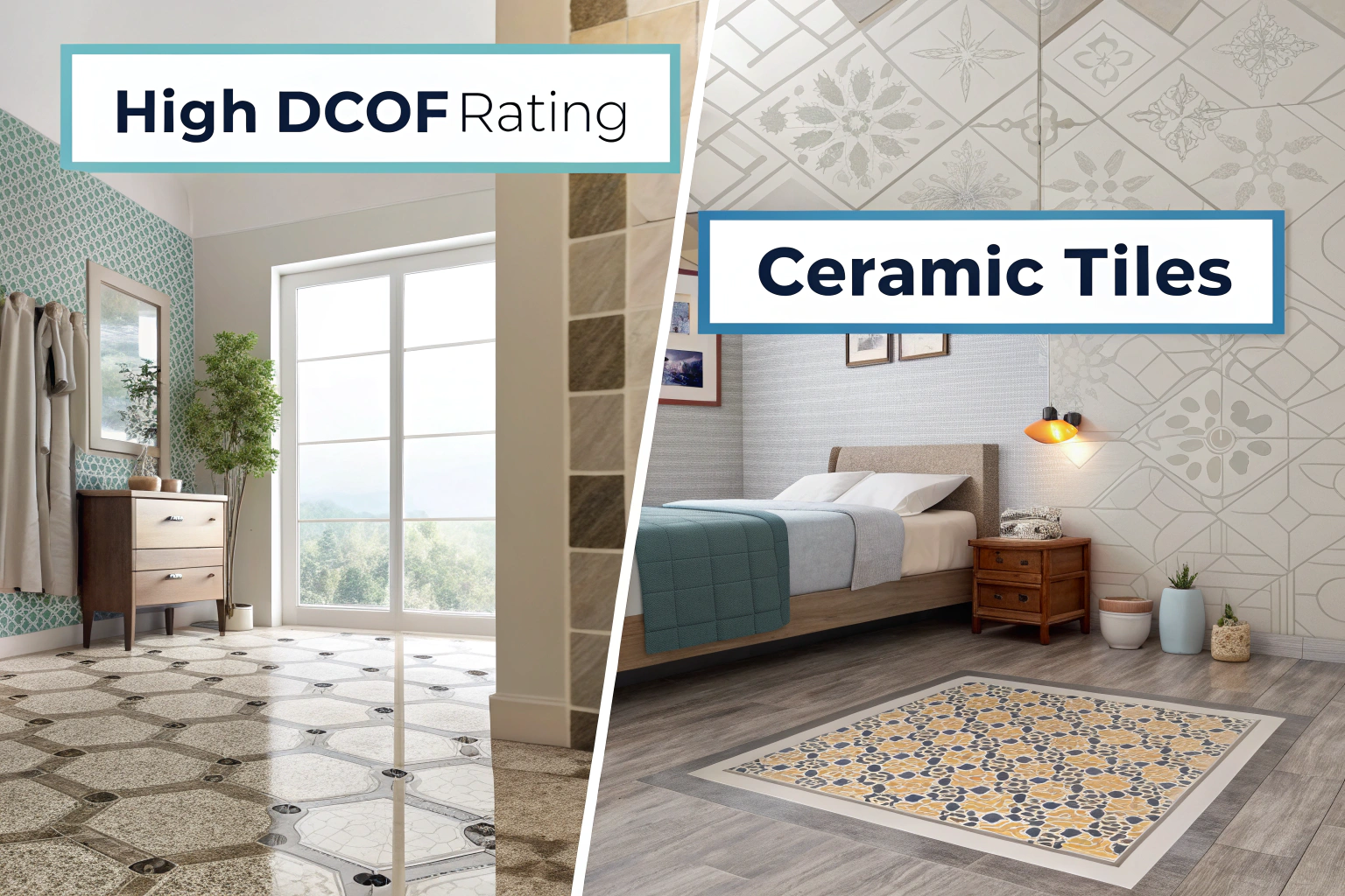 A split image showing a ceramic tile in a bedroom and a porcelain tile in a bathroom.