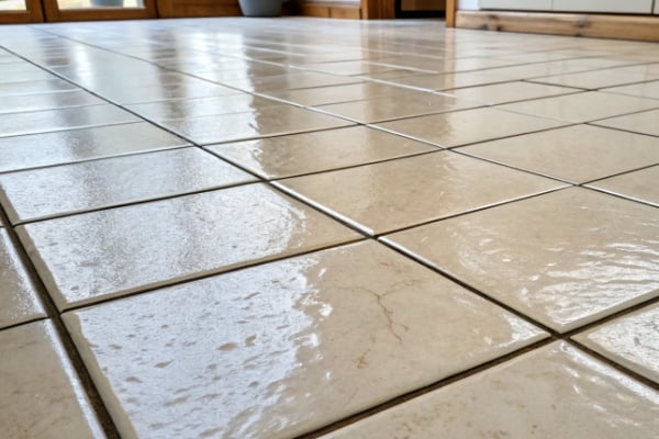 A display showing different types of porcelain tiles with corresponding grout line widths