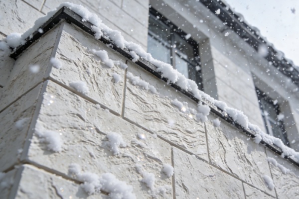 Flexible stone cladding on a building in a snowy environment