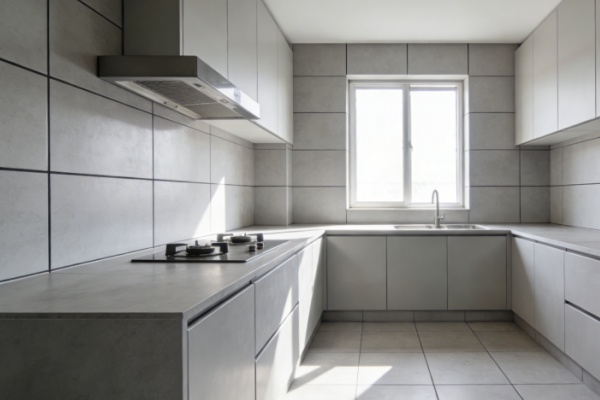 Clean, white glazed porcelain tiles on a kitchen wall
