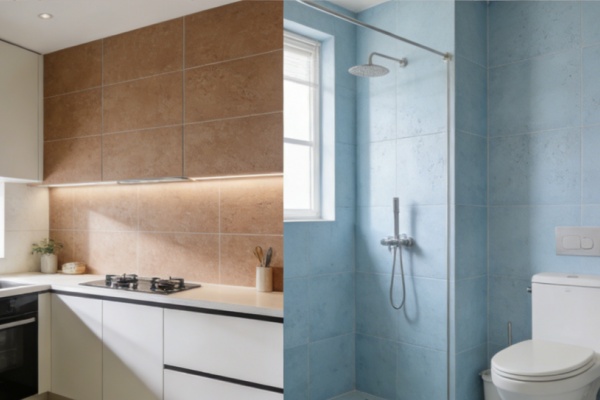 An assortment of faux stone panel samples showing different textures like wood, brick, and marble