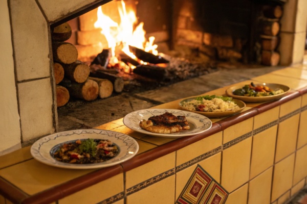 A split image showing a hot coffee mug on a porcelain tile on one side, and a porcelain tile fireplace surround on the other.