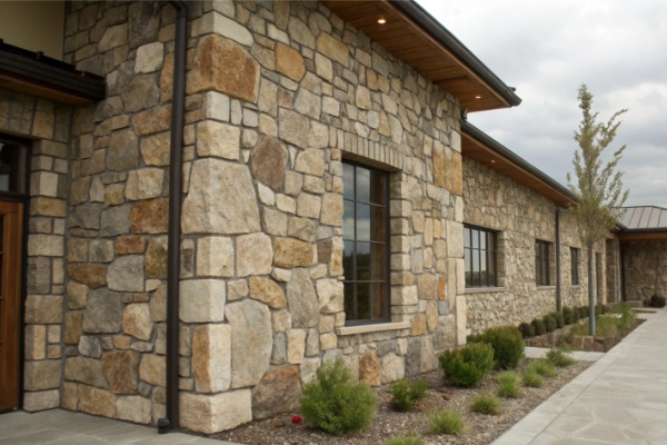A close-up of a natural stacked stone wall panel showing its texture