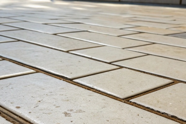 A close-up of clean grout lines between porcelain tiles