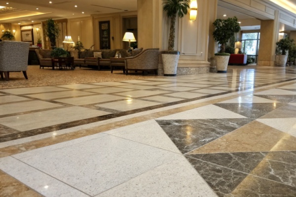 A modern office lobby with large format porcelain tiles