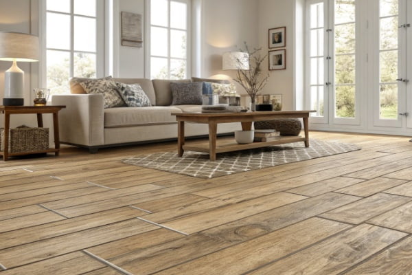 A cozy retail store with realistic wood-look porcelain plank tiles