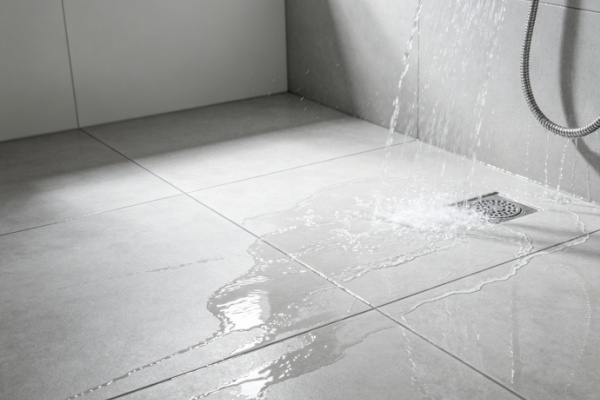 A close-up of water beading on a dark porcelain tile floor.