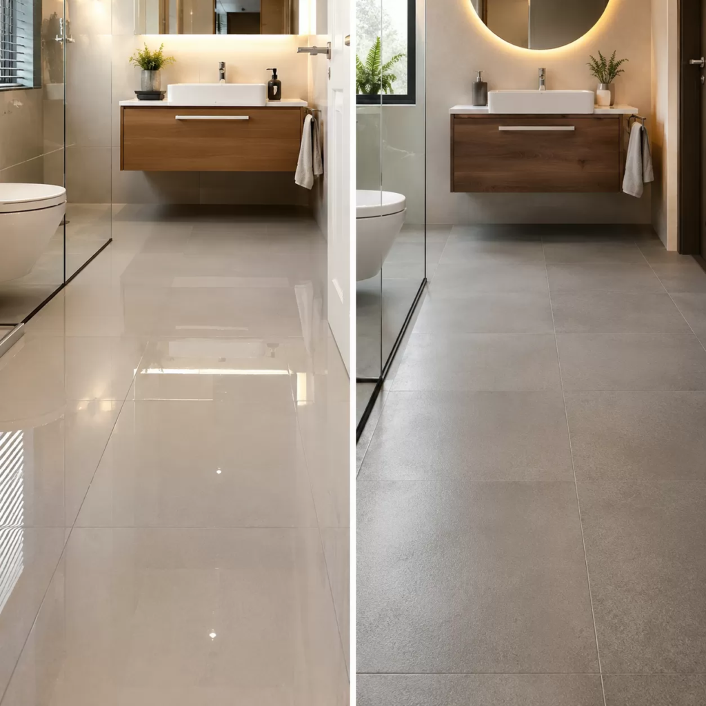 Which is better glossy or matte floor tiles for a bathroom