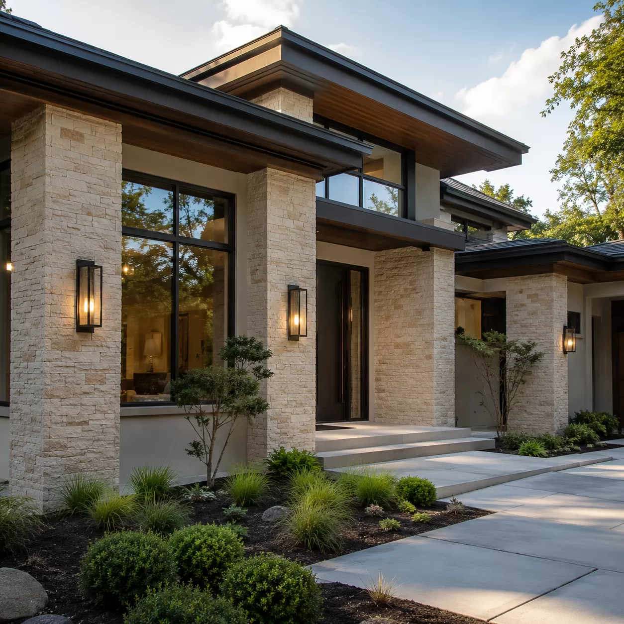 Conception extérieure de villa avec pierre flexible pour des textures luxueuses